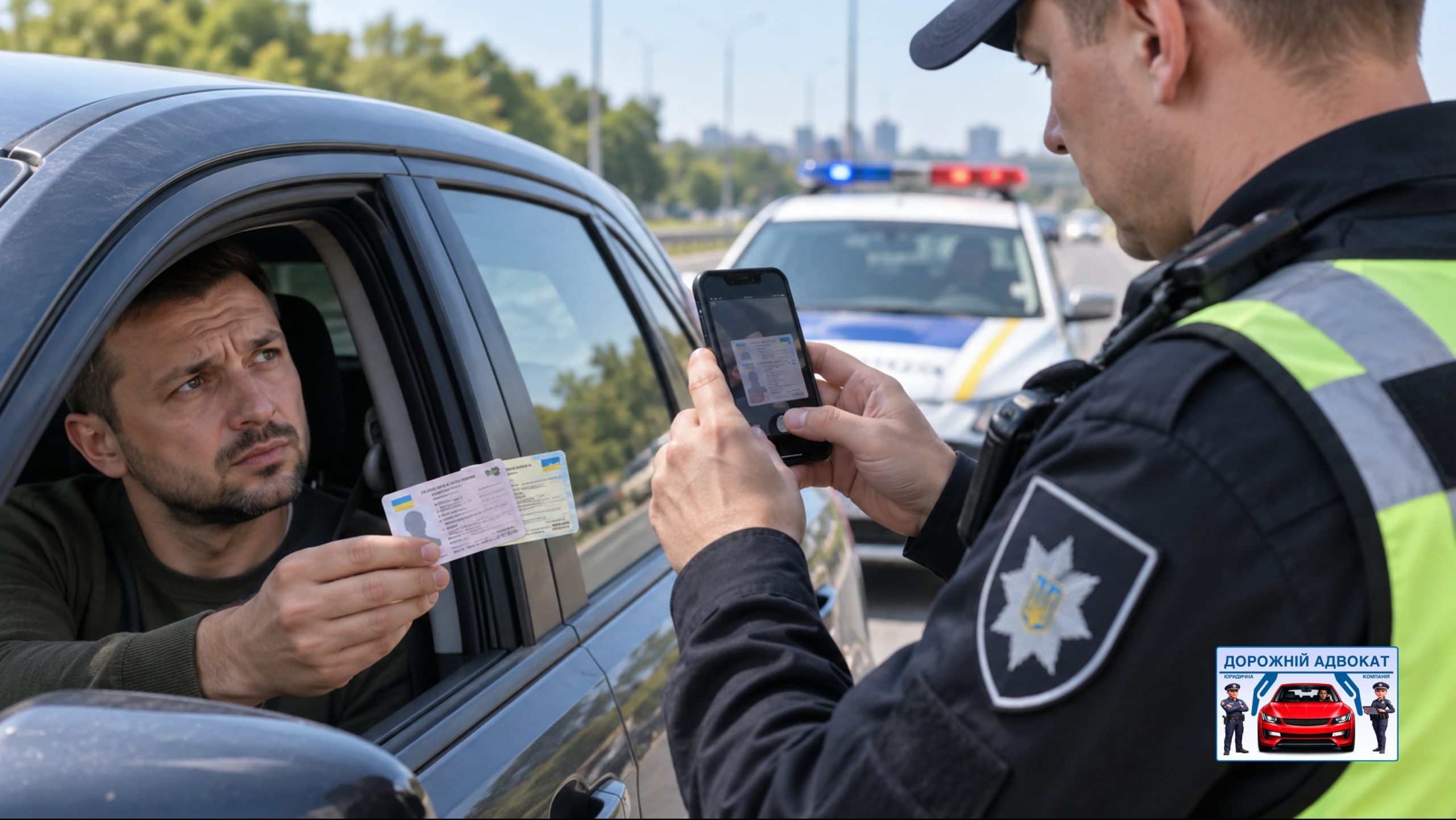 Поліцейський фотографує документи водія