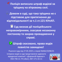 Інформаційна графіка українською мовою про судову справу: поліція оштрафувала водія за тріщину на лобовому склі, але суд не знайшов підстав для стягнення, скасував штраф і повністю відновив права водія. Містить контактну інформацію та зображення автомобіля. поліція оштрафувала водія за тріщину на лобовому склі, але суд не знайшов підстав для стягнення, скасував штраф і повністю відновив права водія. Містить контактну інформацію та зображення автомобіля.